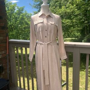 DKNY Beige Belted Midi Shirt Dress